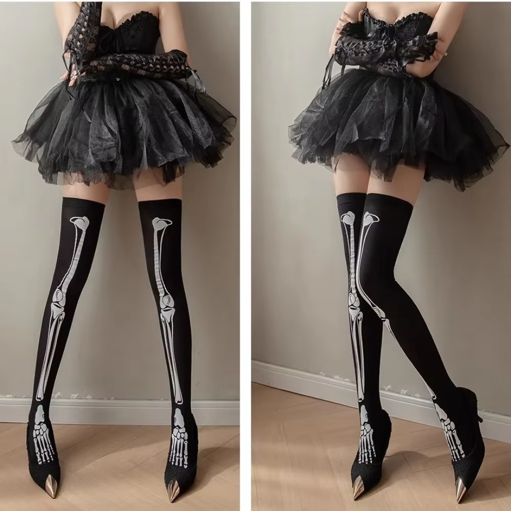 Harajuku Dark Skeleton Pattern Knee Socks Women Girl Gothic Punk Streetwear Goth JK School Casual Retro Fossil Leg Bone Long